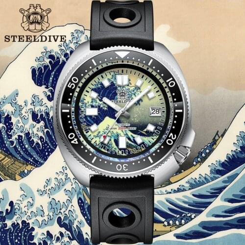 SD1970J STEELDIVE Super Luminous Kanagawa Dial Mens Diving Watch Surf 200M Waterproof Sapphire Glass NH35 Movement Wristwatch