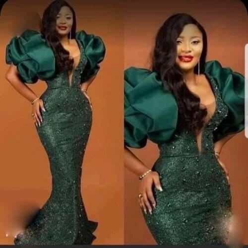 Prom Dresses With Puff Sleeves Bead Sequined Mermaid Evening Dress Plus Size Aso Ebi Party Gowns For African Women