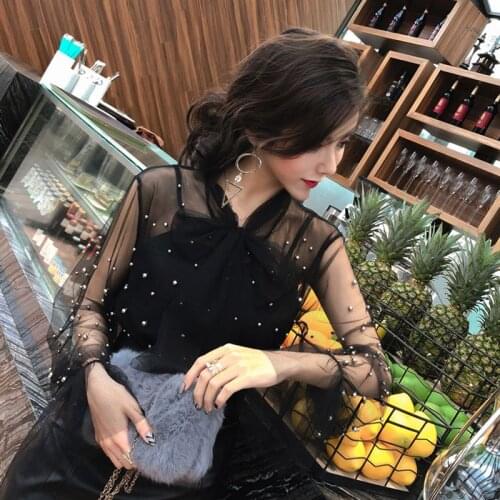 Women Beading Mesh Voile Blouse Shirt Female Full Sleeves Beads Shirt Ladies Shawl Collar Bowknot Tops & Cami 2pcs Set