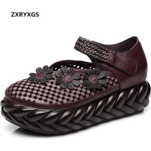 Hot 2020 New Spring Summer Flower Hollow Cowhide Leather Shoes Fashion Sandals Breathable Platform Shoes Woman high heel Shoes