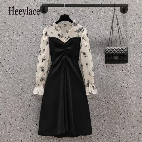 Plus Size Women French Vintage Velvet Dresses Autumn Floral Print Long Sleeve Patchwork V Neck High Waist A-line Vestidos 4XL