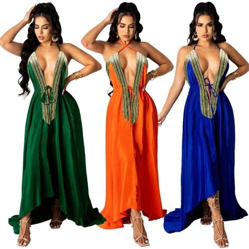Echoine luxurious Embroidery V-neck Bandage Lace Up Halter Maxi Long Dress for Women Elegant Vintage Sexy Backless Vestidos