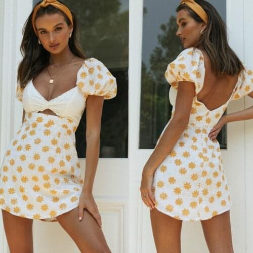 Women’s Puff Sleeve Mini Dress Summer Sweet Daisy Print V-neck Hollow High Waist Short Dress Lady Slim Fit Backless Pencil Dress