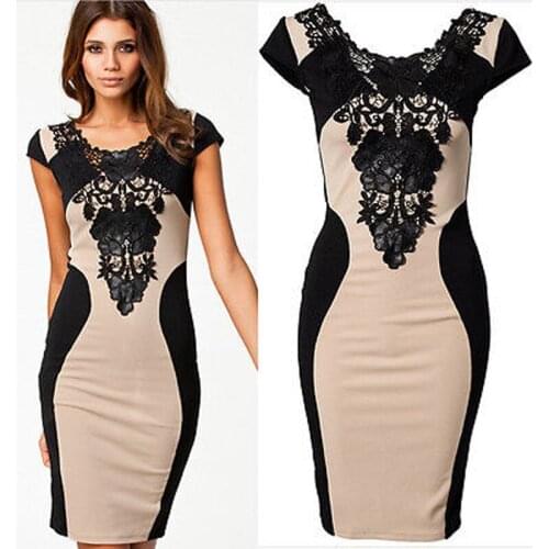 IMCUTE Womens elegant temperament round neck floral lace short-sleeved dress fashion slim fit hip dress party bar banquet dress
