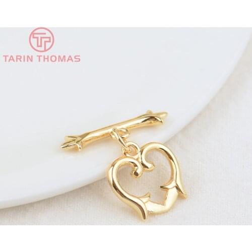 6 Sets O:13.5x14MM T:20.5MM 24K Gold Color Plated Brass Heart Bracelet O Toggle Clasps High Quality Diy Jewelry Accessories