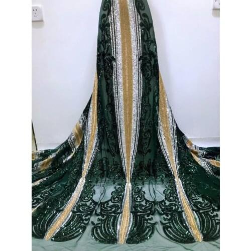 5yards/pc) High quality fully embroidered sequins tulle lace green gold African net lace fabric for bling bling dress FJL043