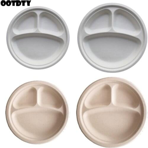 9"/10" Biodegradable Disposable Plates Bagasse Paper Plate 3 Compartment for Food Cake Hamburger Fruits Holding Party Supplies