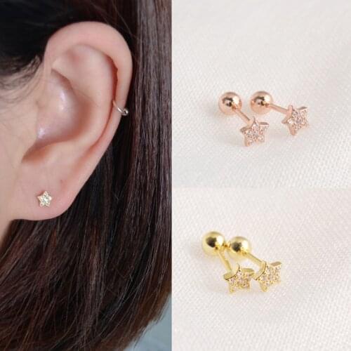 925 Sterling Silver Earring Cute Star Zircon V-Shape Rabbit Screw Stud Earring Mini Sweet Personality Ear Bone Nail Girl Ear Jew