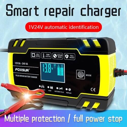 Car Battery Charger 12/24V 8A Touch Screen Pulse Repair LCD Battery Standard Charger For Car Motorcycle Lead Acid Battery