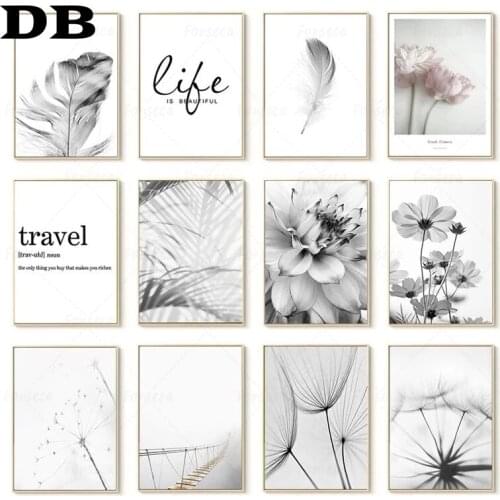 Black and White Flower Feather Dandelion Print Posters Nordic Plant Leaf Wall Art Pictures Life Travel Quotes Canvas Paintings