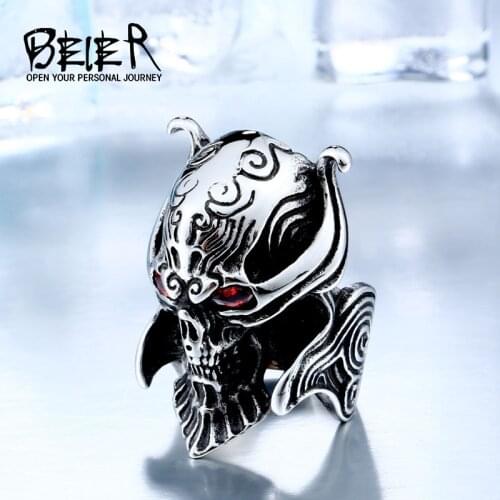 BEIER Cool Big Punk Stainless Steel Unique War Skull Head Ring For Man With red eye High Quality BR8-336