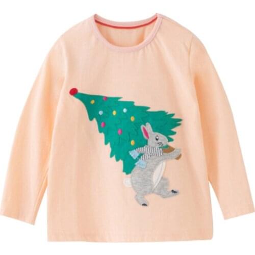Jumping meters New Christmas Tree Embroidery Girls Tees Cotton Bunny Long Sleeve Baby T shirts for Autumn Spring Childrens Top