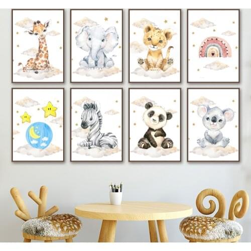 Baby Zebra Elephant Giraffe Lion Clouds Rainbow Boho Posters And Prints Wall Art Canvas Painting Wall Pictures Kids Room Decor