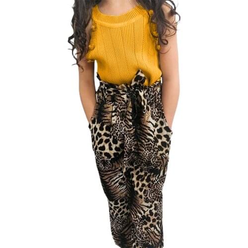 OPPERIAYA Toddler Baby Girls Summer Camisole Trousers Cotton Suit Fashion Solid Color Suspender Tops and Bow Leopard Pants