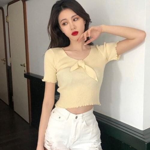 Summer Sweet Female Harajuku T-shirt Sexy V Neck Solid Short Sleeve tshirt Knitted t shirt Women 2019 with Bow