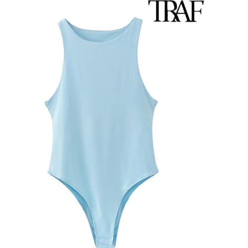TRAF Women Sexy Fashion Stretchy Slim Solid Bodysuits Vintage O Neck Sleeveless Female Playsuits Chic Tops