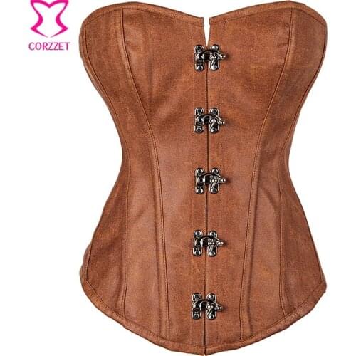 Burlesque Brown Leather Steel Boned Overbust Corset Steampunk Clothing Plus Size Corsets and Bustiers Korsett For Women Sexy