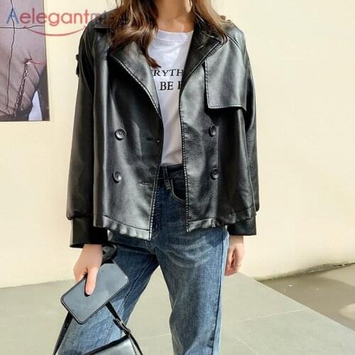 Aelegantmis Autumn Vintage Black Loose PU Leather Jacket Women Belt Fashion High Street Causal Faux Leather Jacket Oversize Coat