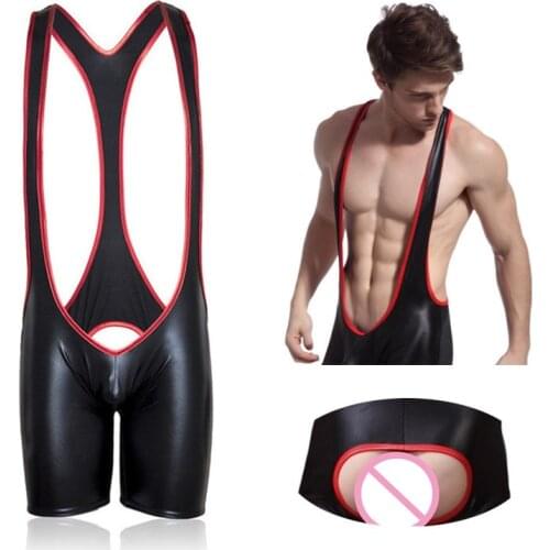 Mens Sexy Leather Open Crotch Pants Fetish Gay Latex Crotchless Pants Polo Dance Erotic Costumes for BDSM Bondage Sex games