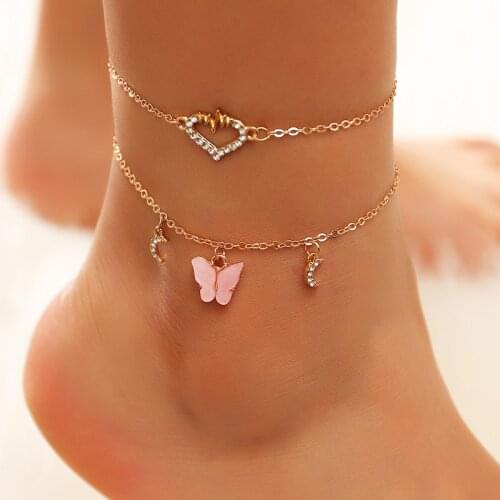 2PCS Anklet Sets for Women Butterfly Beach Feet Boho Jewelry Barefoot Sandals Bracelet Moon Crystals Vintage Leg Ankle Strap