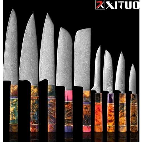 XITUO Japanese Damascus Steel Knives Set 2-9PCS Solidified Wood Handle Nakiri Knives Chef Santoku Knife Kitchen Cleaver Knife
