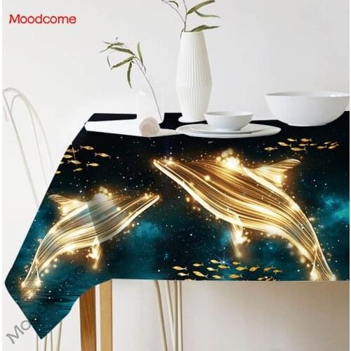 Dreamlike Matallic Geometry Gold Whale Deer Fish Modern Art Cotton Linen Table Cloth Summer Navy Blue Nordic Linen Desk Cover