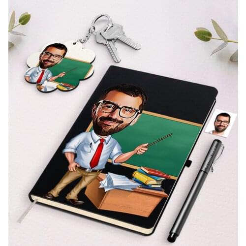 Personalized Men 'S Teacher Caricature Of Black Notebook Pen And Keychain Gift Seti-1