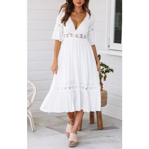 Elegant White Women Dress Sexy V-Neck Lace Patchwork Flare Sleeve High Street Long Midi Female Beach Dresses Plus Size