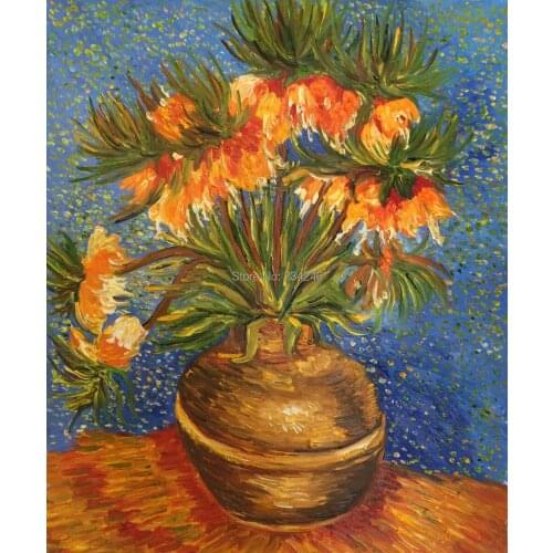 Handpainted Canvas Painting Crown Imperial Fritillaries in a Copper Vase Van Gogh Floral Oil Painting Wall Decoration
