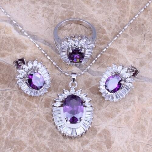 Rare Purple Cubic Zirconia White CZ Silver Plated Jewelry Sets Earrings Pendant Ring Size 6 / 7 / 8 / 9 S0405