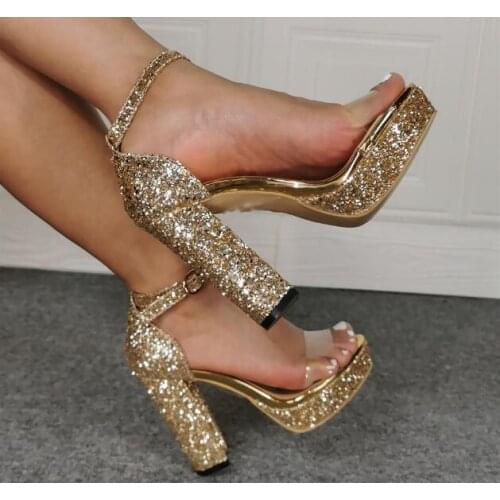 Sexy Women Sandal Bling Gold Sequined Clear PVC Platform Chunky Heel Sandals Fashion Shinning Thick Heels Dress Shoes Sandals
