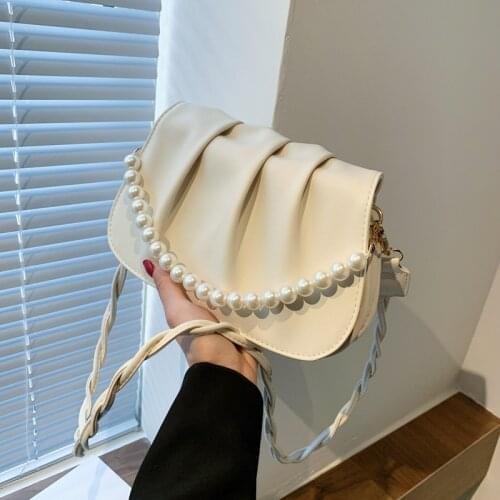 Pu Leather Flap Crossbody Bags for Women 2021 Fashion Luxury Trendy Summer Shoulder bags Pearl chain ladies Handbags and Purses