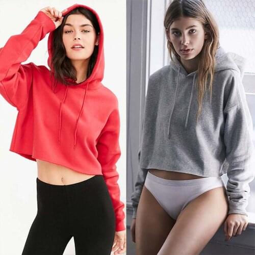 Women Long sleeve hooded sweatshirt Loose Crop Top Gym Running Sports Short Hoodies Fitness Solid Cotton P301