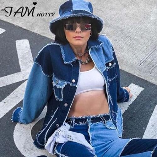 Vintage Ripped Patchwork Jean Denim Jacket Women 2020 Loose Waist Hip Hop Boyfriend Girls Y2k Coat Autumn Winter Down Iamhotty