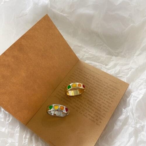 Vintage colorful Love Heart Rings Fashion korea Simple punk Metal Rainbow Enamel Open Rings Women Party Jewelry Gift wholesale