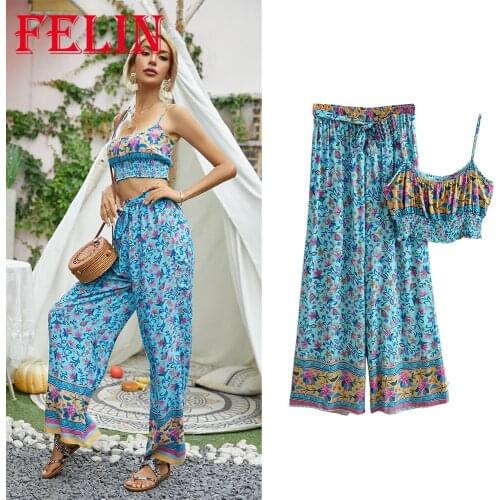 Za Summer Boho Sexy Women Sets 2 Pieces Slim Cropped Cami Tops Women and Loose Wide Leg High Waist Pants Women Chic 2021 Suits