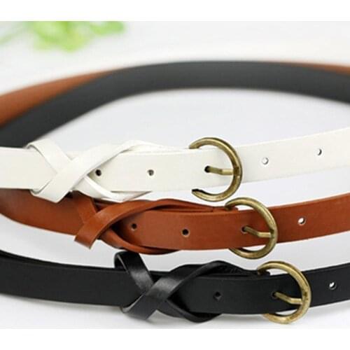 Womens Vintage Simple Thin Waist Belt Metal Buckle Skinny Faux Leather Belt