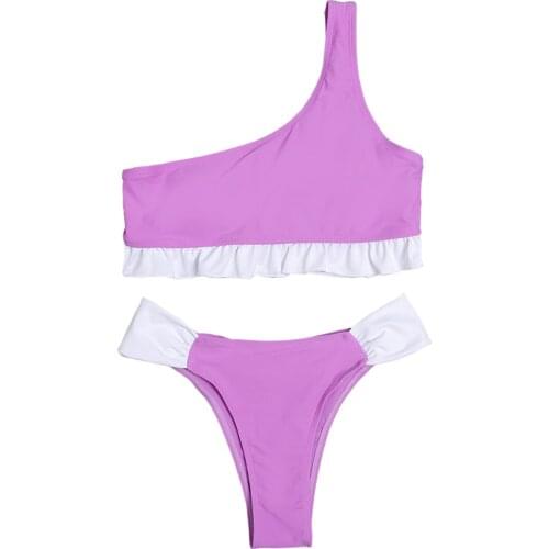 2 Pcs Women Sexy Bikini Bathing Suits Adults Color Block One Shoulder Ruffle Padded Bikini Tops Swimming Bottoms Swimsuit Summer