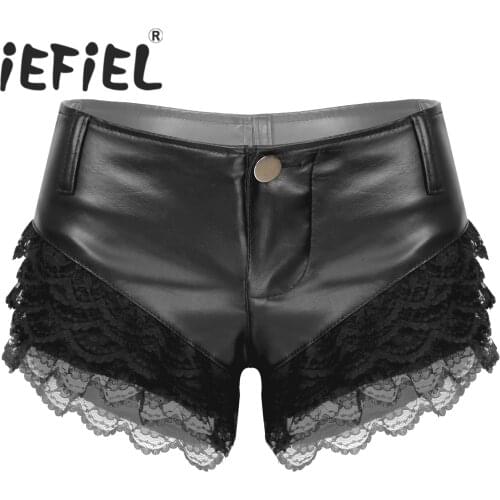 Women Nightclub Hot Fashion Shorts Lace Patchwork PU Leather Shorts Ladies Low Waist Button Hot Boxer Pole Clubwear Dancewear