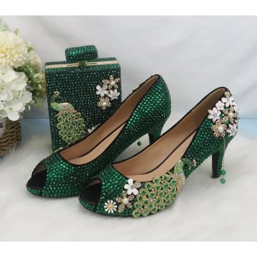 2021 New arrival Green Crystal Women wedding shoes with matching bags Peep toe High Pumps fashion Open Toe shoes and Purse