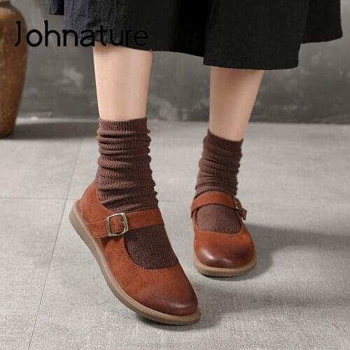 Johnature Retro Buckle Strap Flats Women Shoes 2020 New Spring Genuine Leather Round Toe Casual Shallow Handmade Ladies Shoes