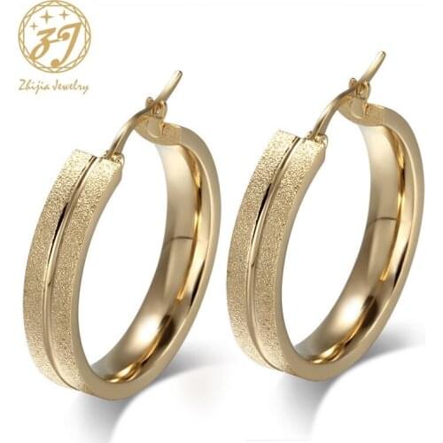 Zhijia Jewelry New Brand Gold Color Hoop Earrings Circle Fashion Stainless Steel Earrings for Women Free Shipping