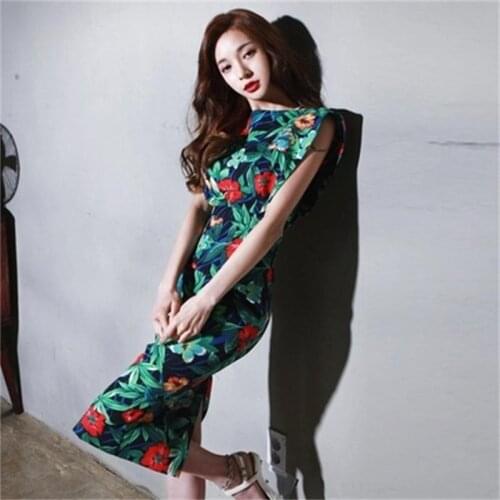 Dress Women Autumn New sexy temperament retro Slim print leaky long section split dress women Vacation beach dress