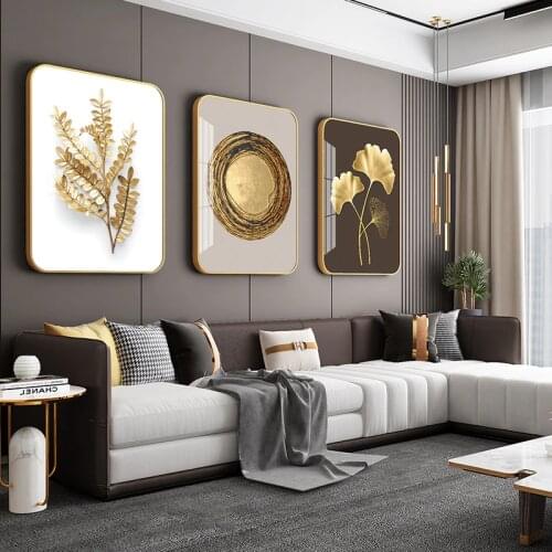 Golden Art Picture Living Room Triptych With Brushed Metal Photo Frame Rectangle Porch Sofa Background Wall Hanging Painting