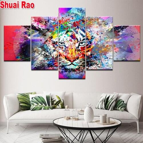 5 piece Diamond Embroidery Colorful Tiger Head full round Square Rhinestone Sets Diamond Painting Cross Stitch Animal Multi-Pane