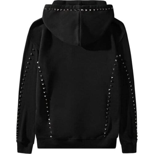 ABOORUN 2021 Mens Punk Rivets Sweatshirts Pure Cotton Black Pullover Hoodies for Male