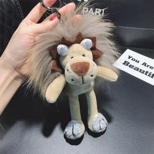 Cartoon Chains Animal Lion Doll With Real Fluffy Fur Keyrings Luxury Crystal For Girls Schoolbag Pendant Female Car Keychains