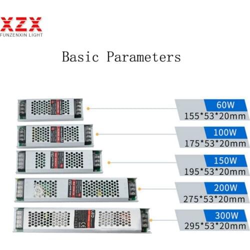 DC12V/24V Long/Ultra Thin Led Lighting Transformers 60/100/150/200/300W Driver Power Adapter Switch Power Supply