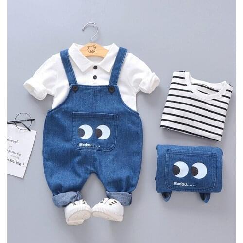Baby boy clothes spring and autumn denim overalls baby boy cotton striped casual clothes cartoon jeans baby two-piece suit