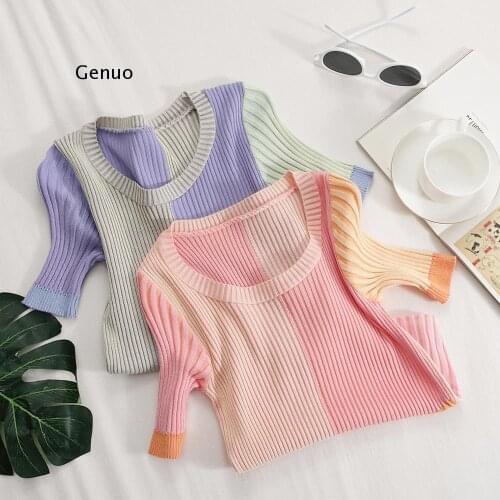 T-Shirts Summer Women O-Neck Patchwork Knitting Tees Short Sleeve Casual Street Outwear Female Skinny Tee for Women Tops